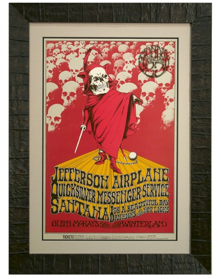 BG-222 Poster for the Grateful Dead 1970 Benefit by Randy Tuten. Concerts by Jefferson Airplane, Quicksilver, Santana featured a red-cloaked barrister skeleton with ball and chain and an audience of skulls looking on