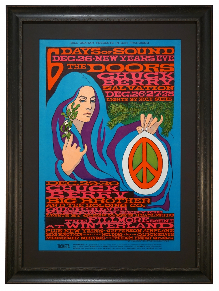 BG-99 Doors Poster 1967 with Chuch Berry, Jefferson Airplane, Quicksilver and Big Brother & the Holding Co. at Winterland News Year 1967-1968 by Bonnie MacLean called Six Days of Sound