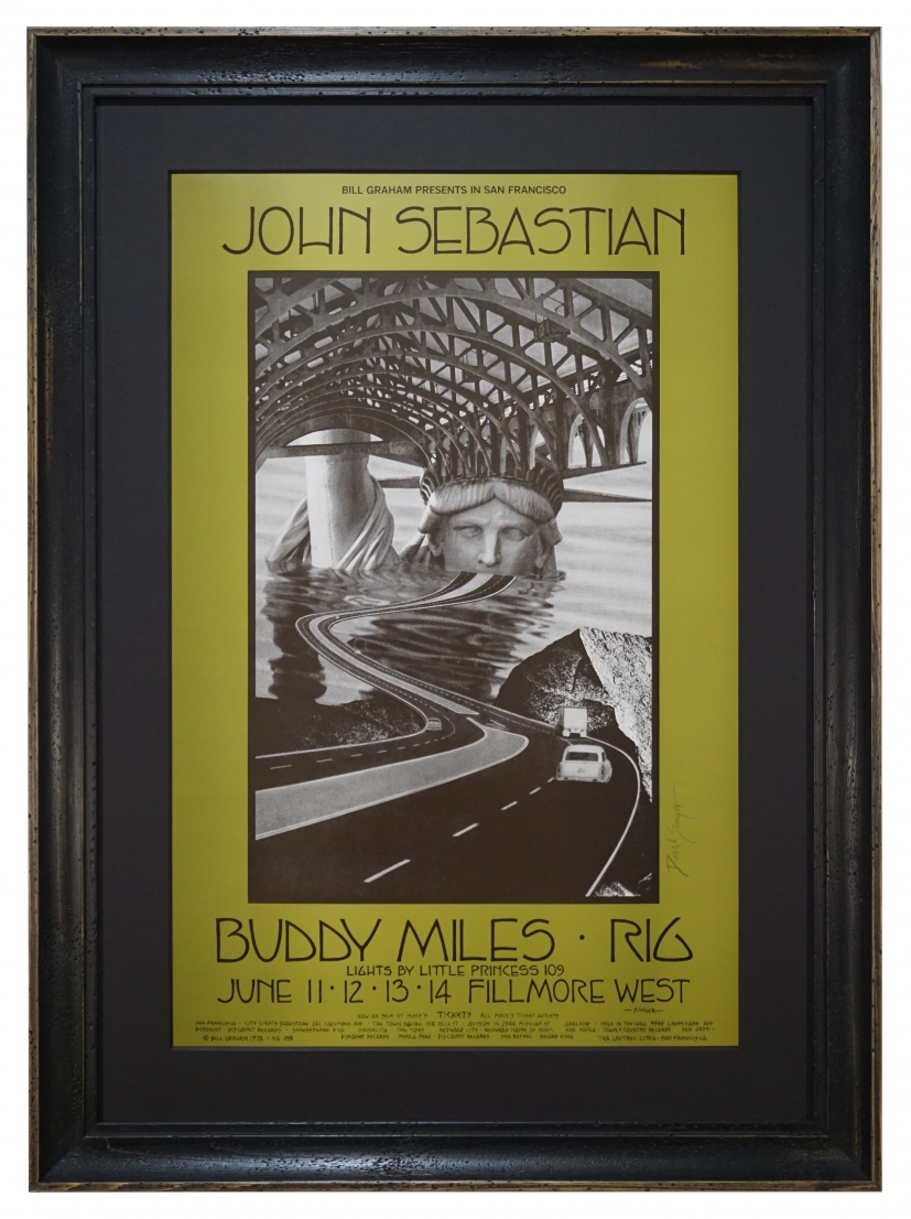 BG-238  John Sebastian poster from June 11-14 1970 also featuring Buddy Miles and Rig at the Fillmore West. Poster by David Singer