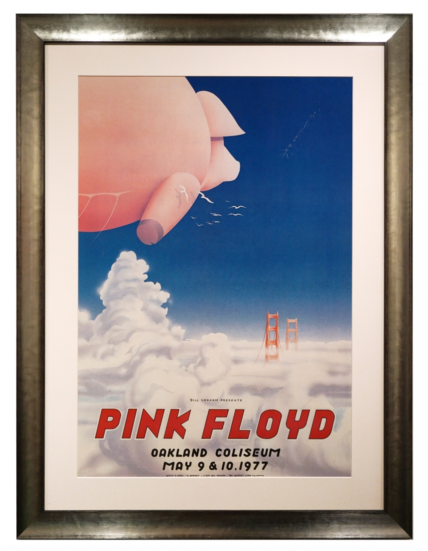 AOR 4.47  1977 Pink Floyd poster by Randy Tuten advertising Pink Floyd concerts May 9-10, 1977 in Oakland. A giant pink pig is floating over the clouds and towards the Golden Gate Bridge